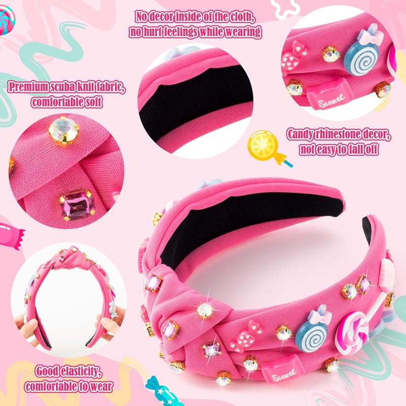 PANTIDE Candy Jeweled Knotted Headband - Christmas Sugar Lollipop Rhinestone Crystal Embellished Preppy Headband Wide Top Knot Fashion Hair Accessories Candyland Birthday Gift for Women Girls (Pink) - Image 3